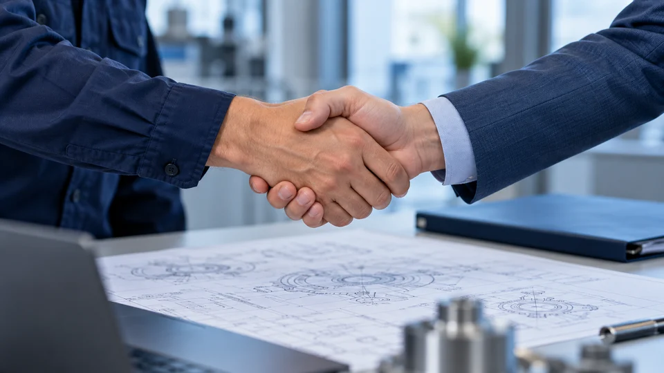 Two professionals shaking hands over technical drawings — generated engagement visual, not client evidence