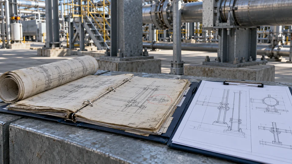 Representative plant records workspace with aged engineering sheets and a newer clipboard record beside installed pipework and access steel.