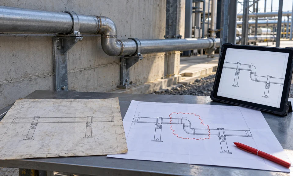 Representative installed pipe offset beside an older straight-run record and updated drawing and tablet views showing the observed offset.