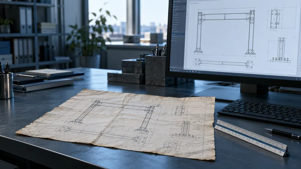 Illustrative engineering workspace with a legacy steel-frame drawing beside a matching CAD view.